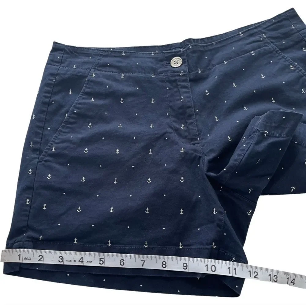 Nautica Navy & Anchor Print Comfort Tailored Stretch Cotton Shorts Sz 6